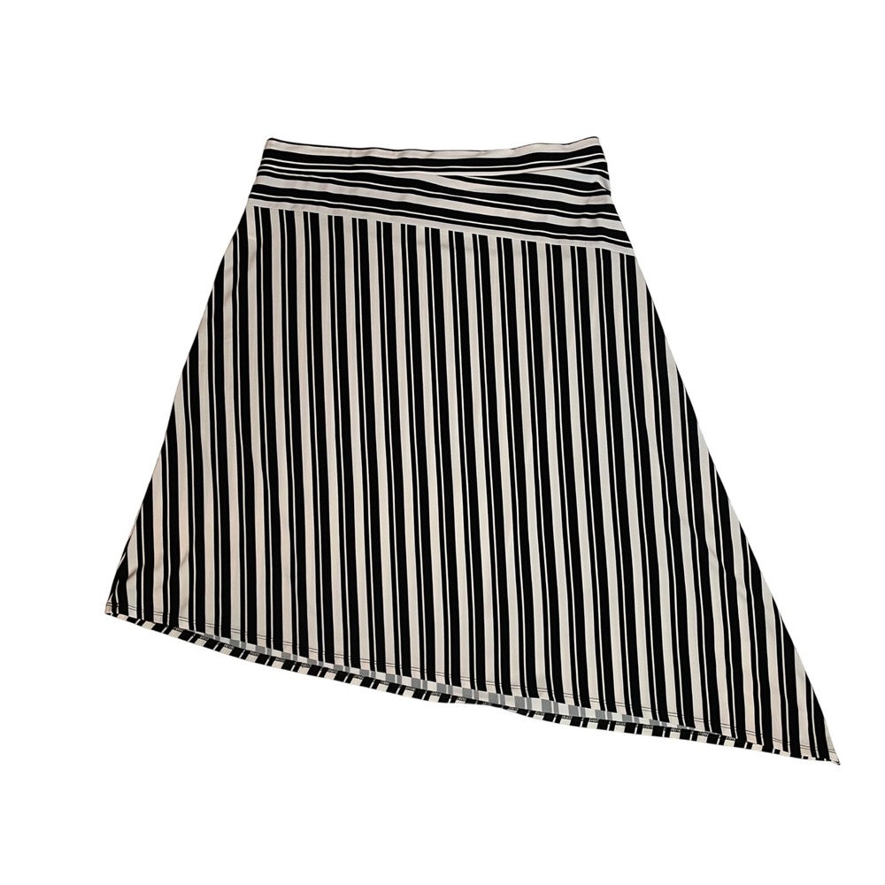 XL Black White Striped Asymmetrical Hem Midi A-Line Skirt Stretch Comfortable